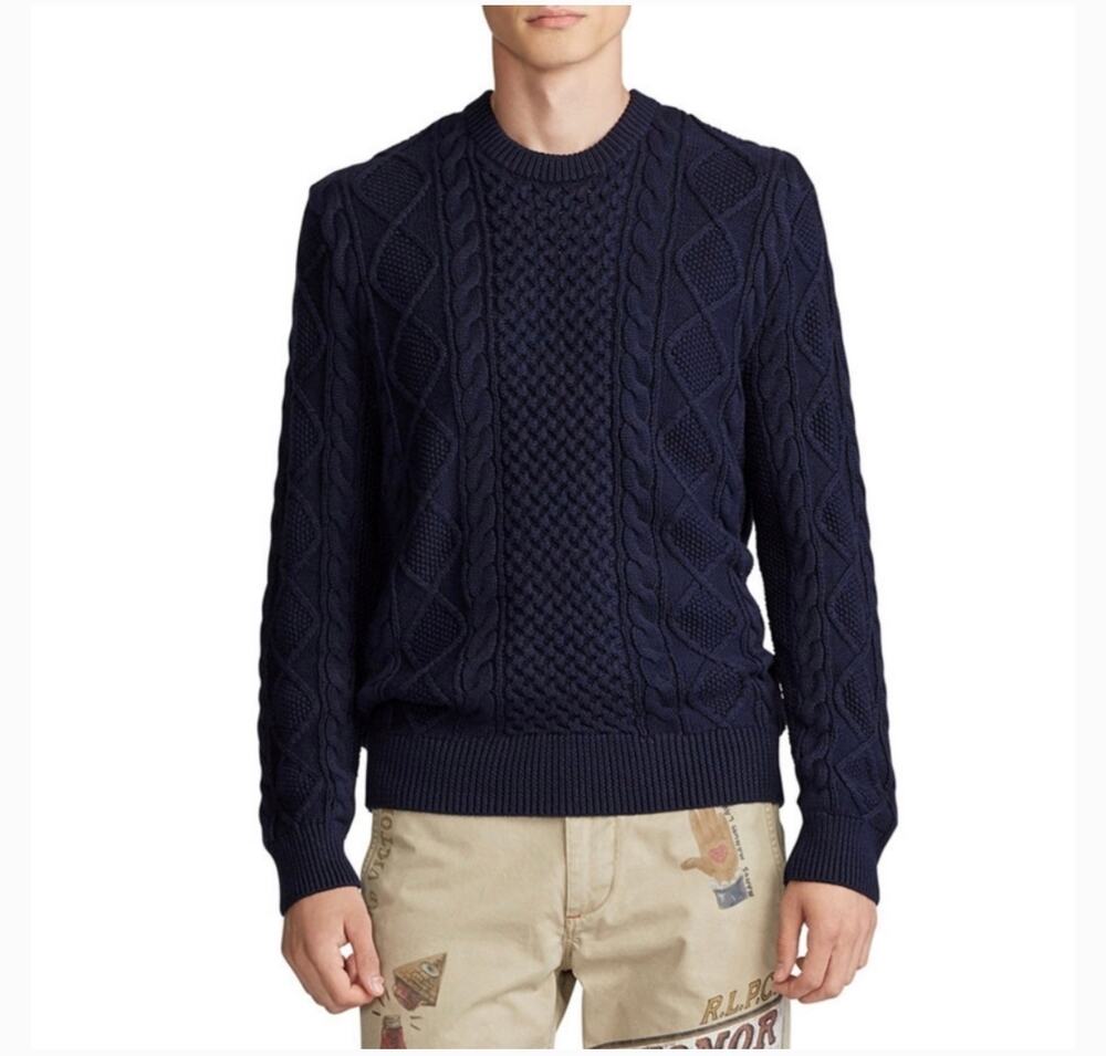 Polo Ralph Lauren Sweater Mens Large Navy Blue Iconic Fisherman Cable Cotton